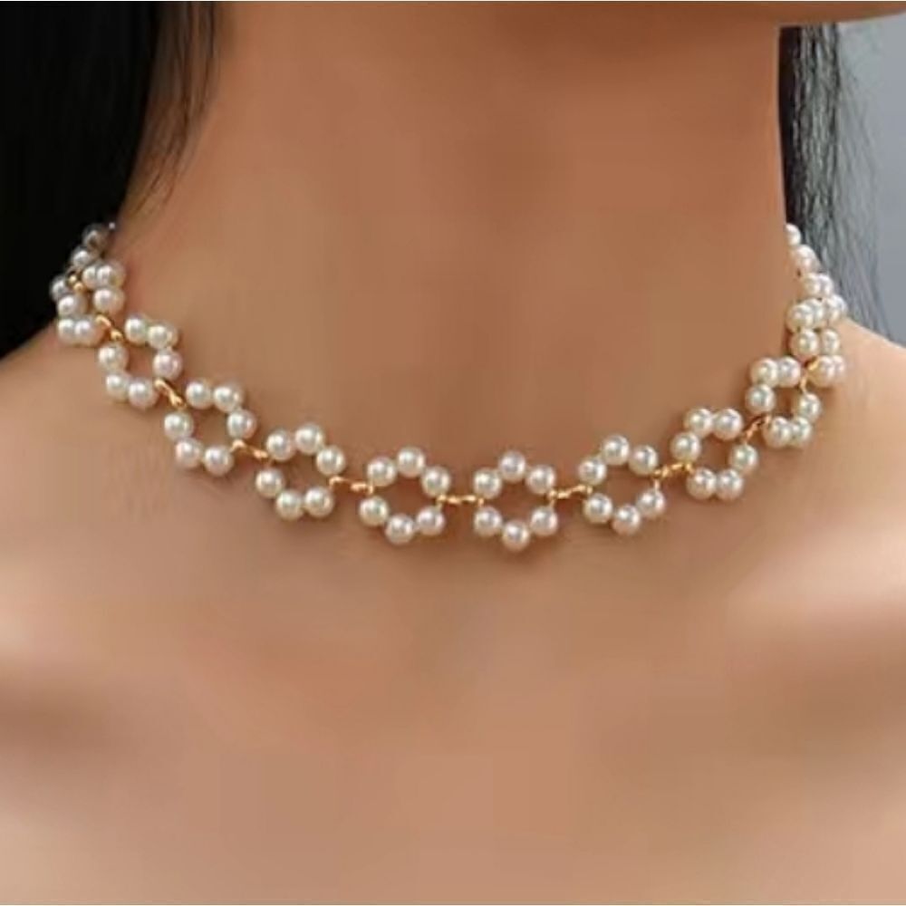 Flower Shape Braid Necklace Faux Pearls Short Choker Necklace - Picture 6 of 9